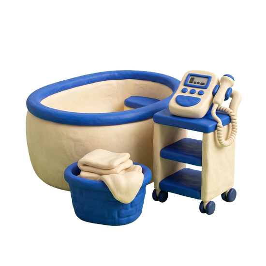 Birth center illustration in blue and ivory clay