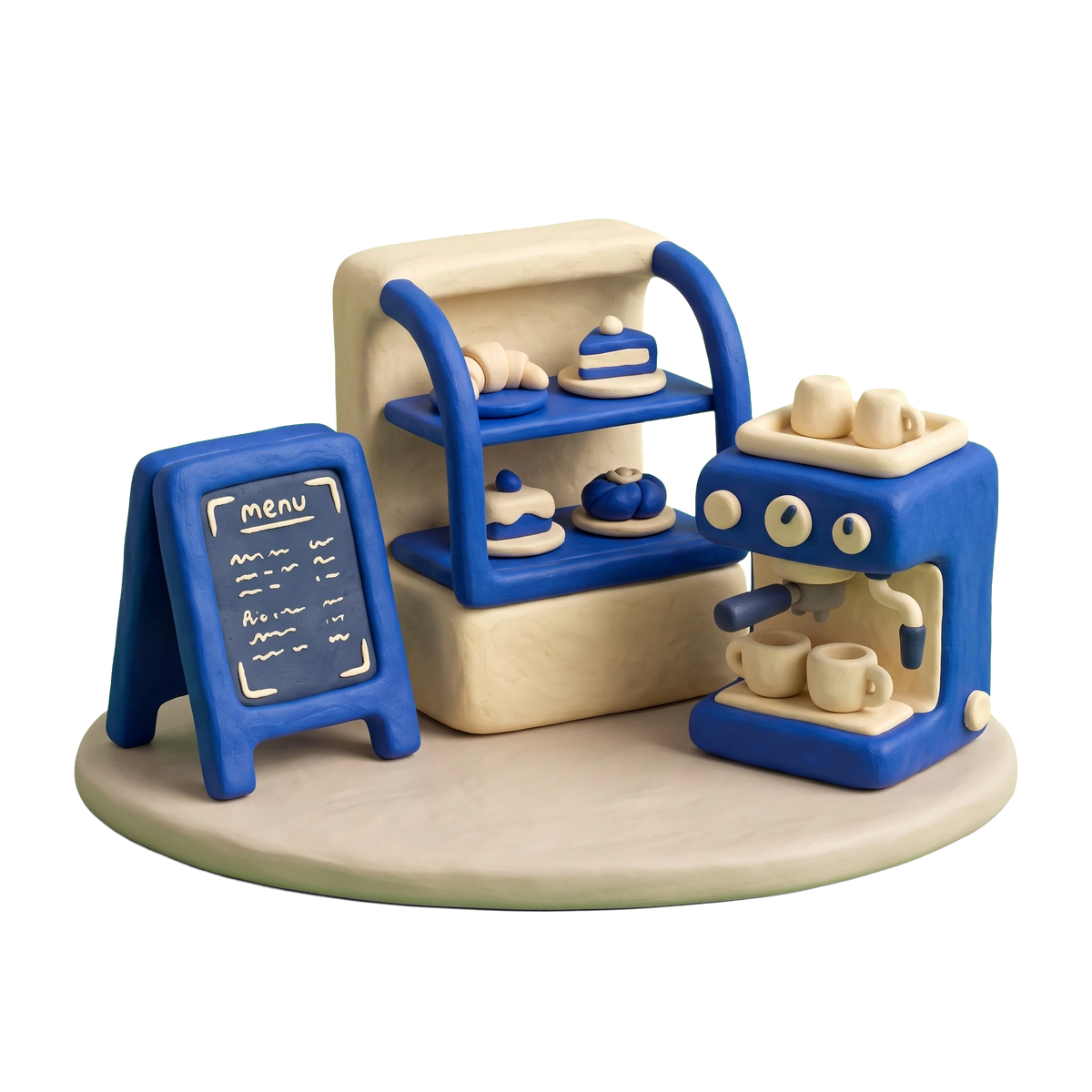 Bistro illustration in blue and ivory clay