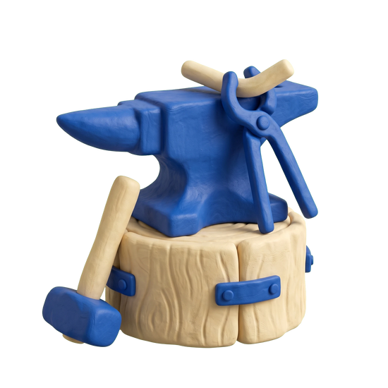 Blacksmith illustration in blue and ivory clay