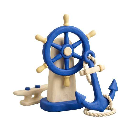 Boat accessories supplier illustration in blue and ivory clay