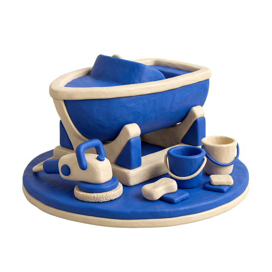 Boat detailing service illustration in blue and ivory clay