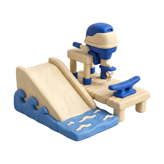 Boat ramp illustration in blue and ivory clay