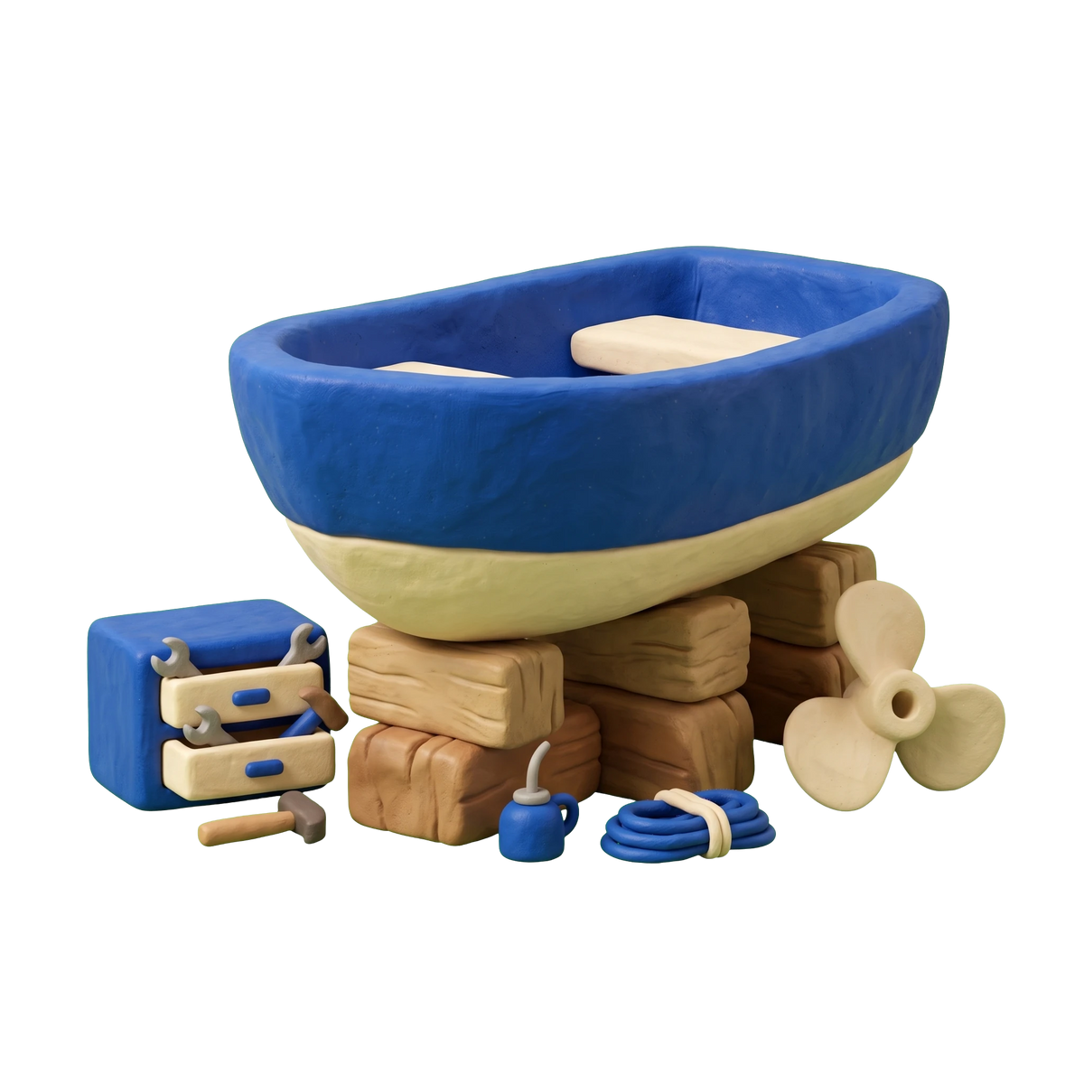 Boat repair shop illustration in blue and ivory clay