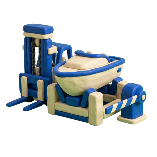 Boat storage facility illustration in blue and ivory clay