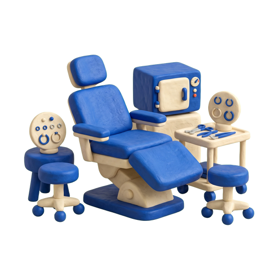 Body piercing shop illustration in blue and ivory clay