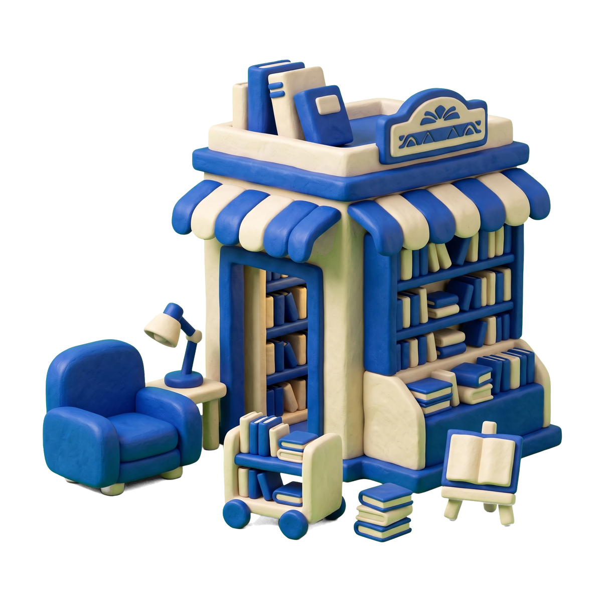 Book store illustration in blue and ivory clay