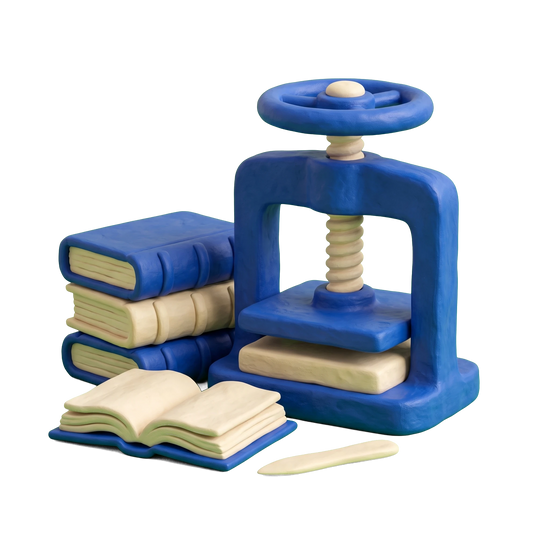Bookbinder illustration in blue and ivory clay