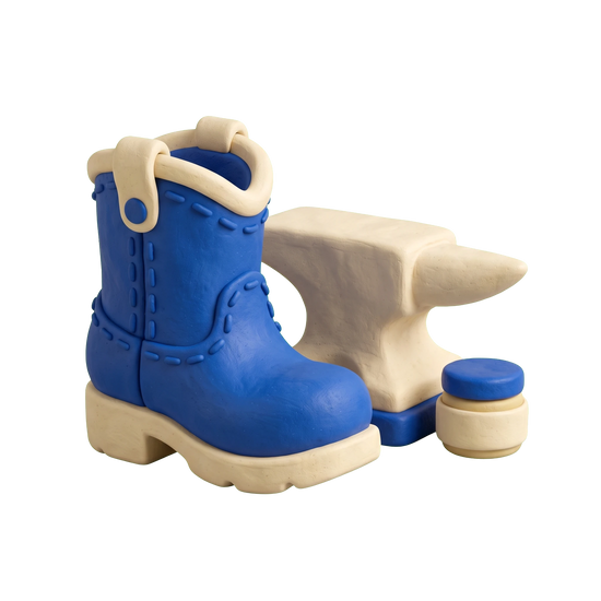 Boot store illustration in blue and ivory clay