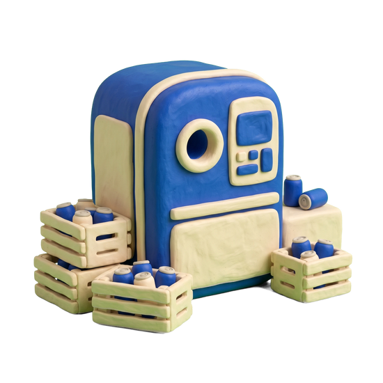 Bottle & can redemption center illustration in blue and ivory clay
