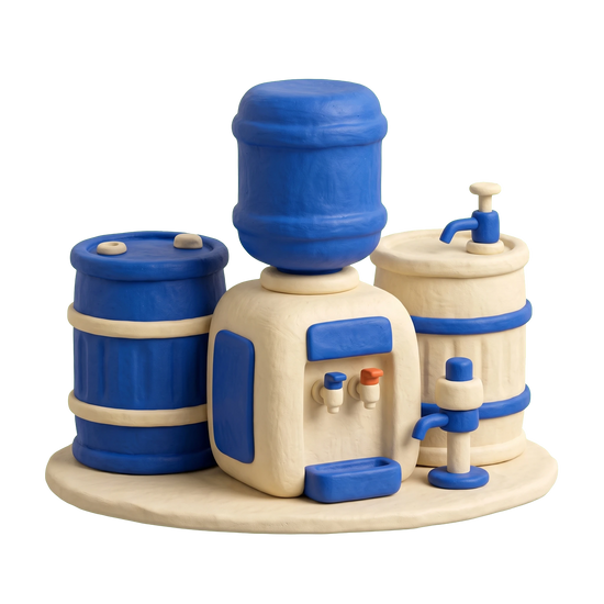 Bottled water supplier illustration in blue and ivory clay