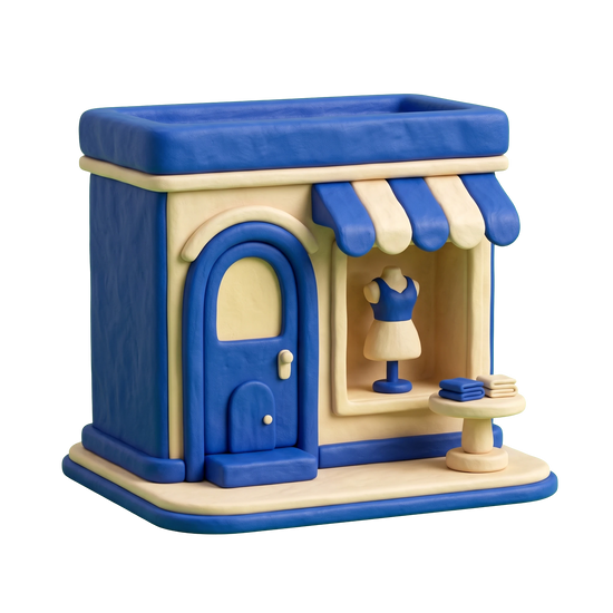 Boutique illustration in blue and ivory clay