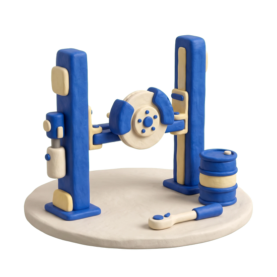 Brake shop illustration in blue and ivory clay