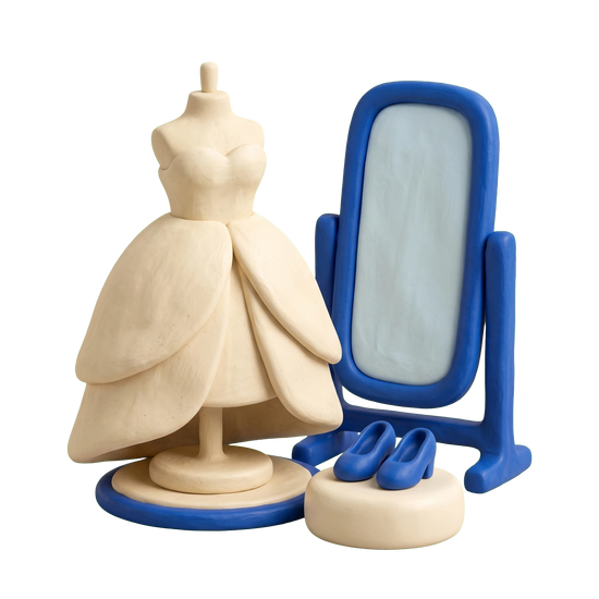 Bridal shop illustration in blue and ivory clay