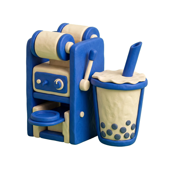 Bubble tea store illustration in blue and ivory clay