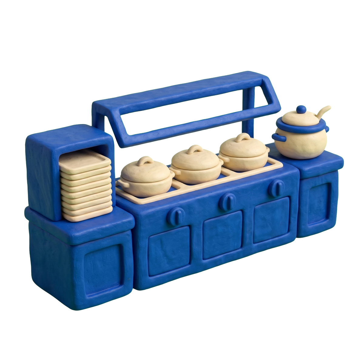 Buffet restaurant illustration in blue and ivory clay