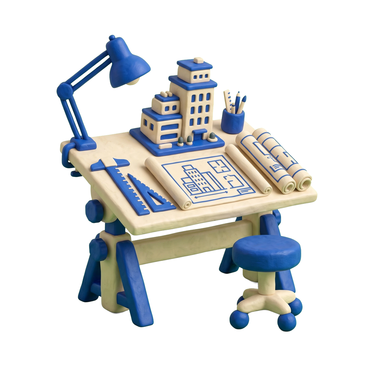 Building designer illustration in blue and ivory clay