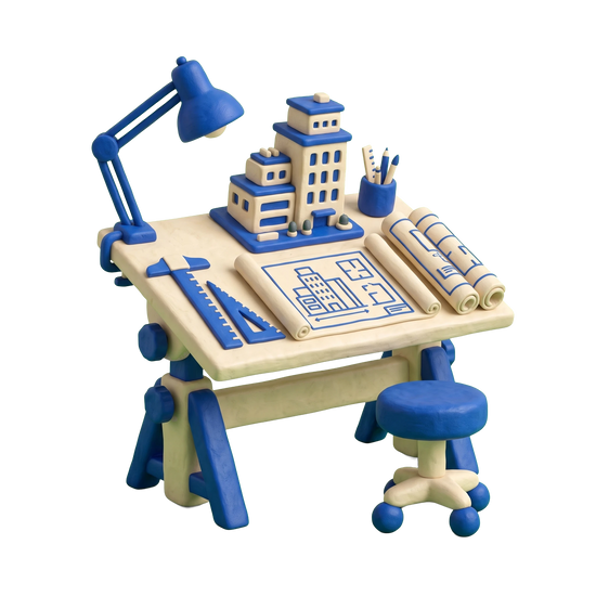 Building designer illustration in blue and ivory clay
