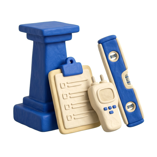 Building inspector illustration in blue and ivory clay
