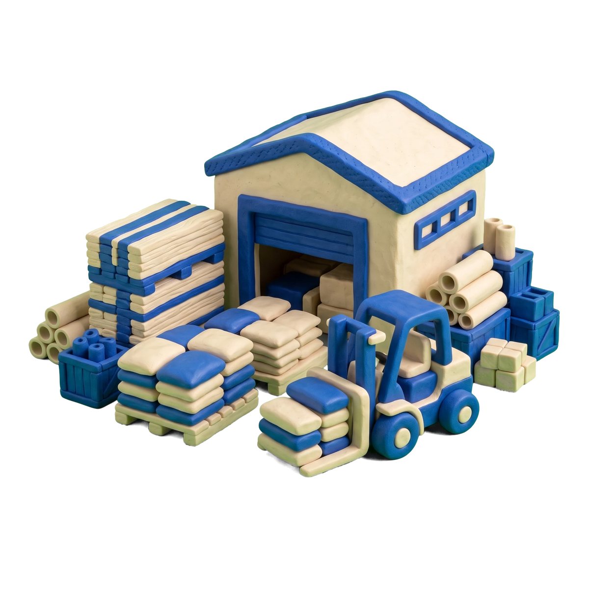 Building materials supplier illustration in blue and ivory clay