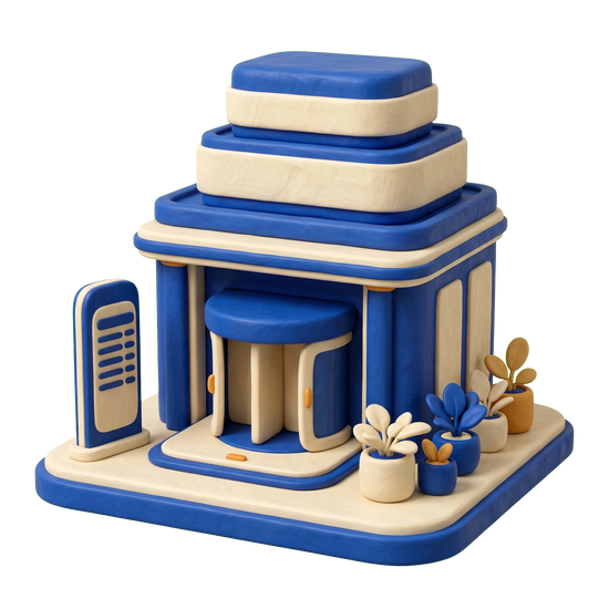 Business center illustration in blue and ivory clay