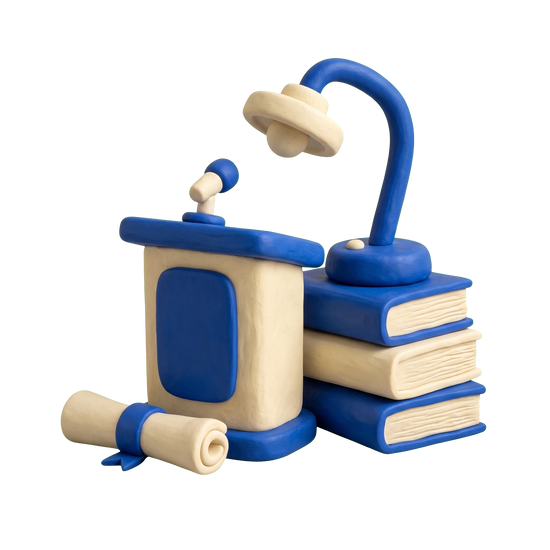Business school illustration in blue and ivory clay