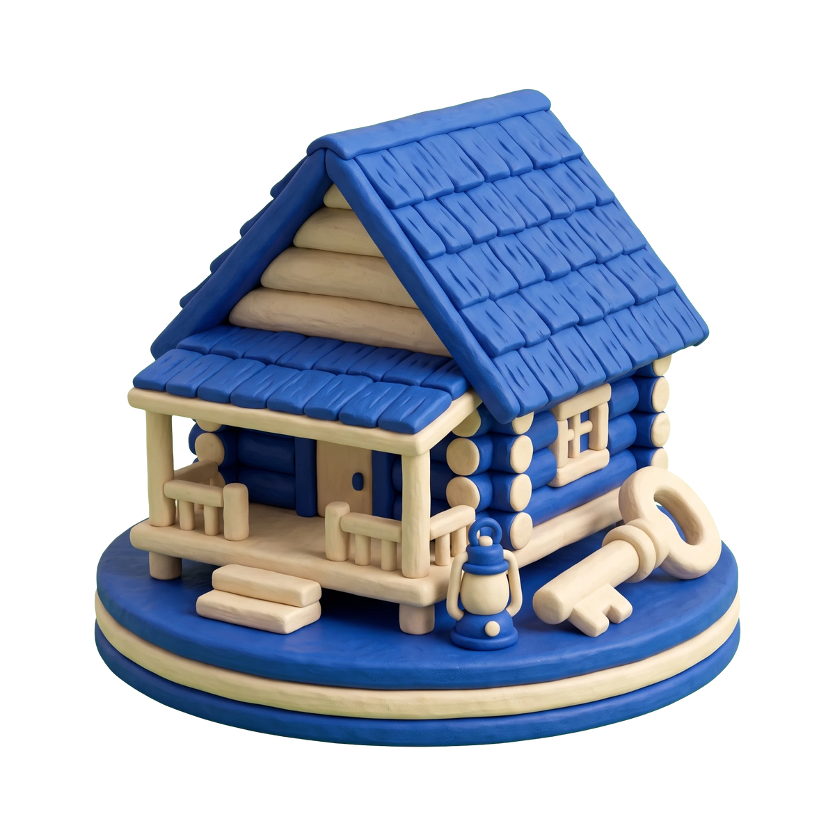 Cabin rental agency illustration in blue and ivory clay
