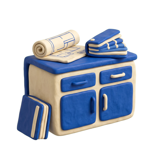 Cabinet store illustration in blue and ivory clay