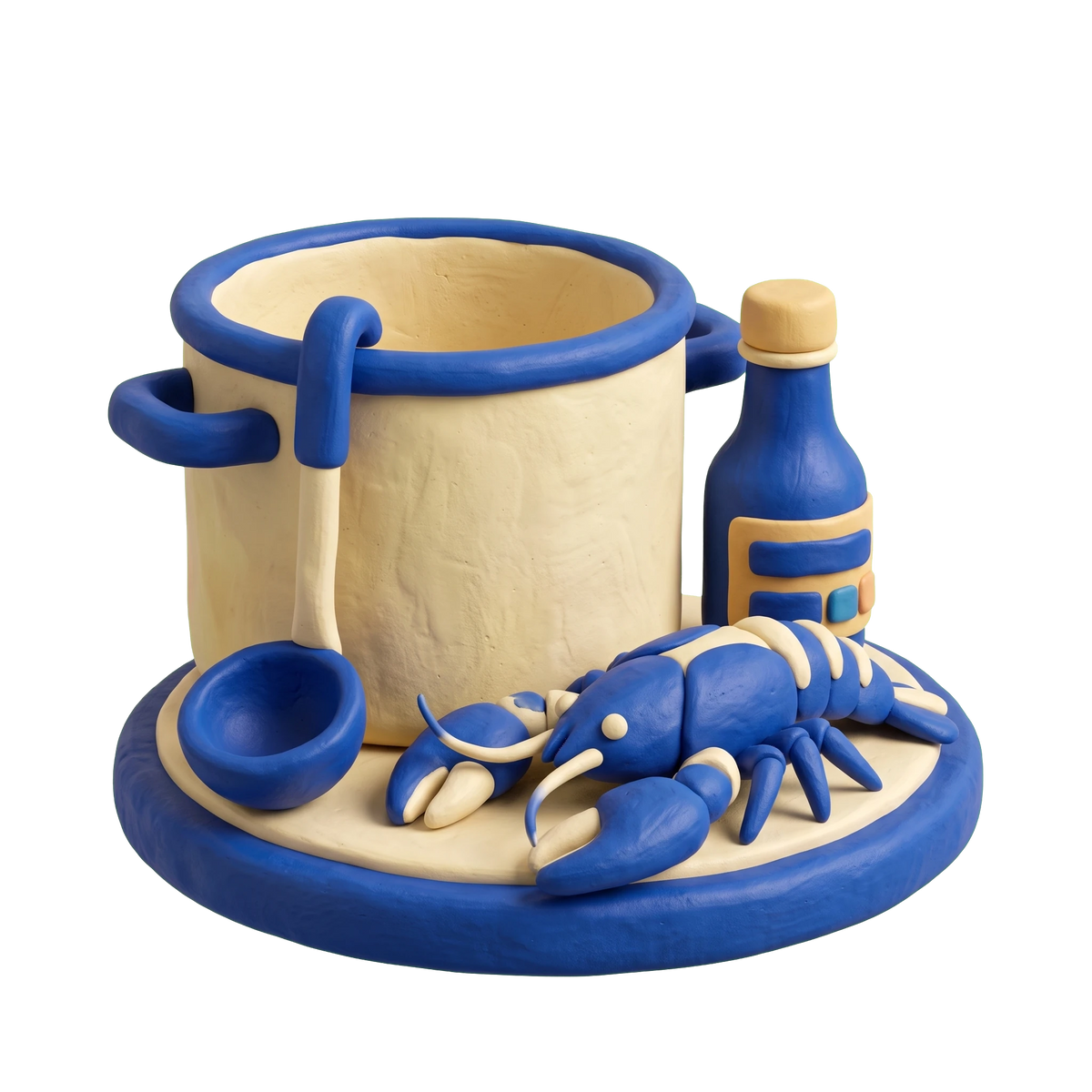 Cajun restaurant illustration in blue and ivory clay