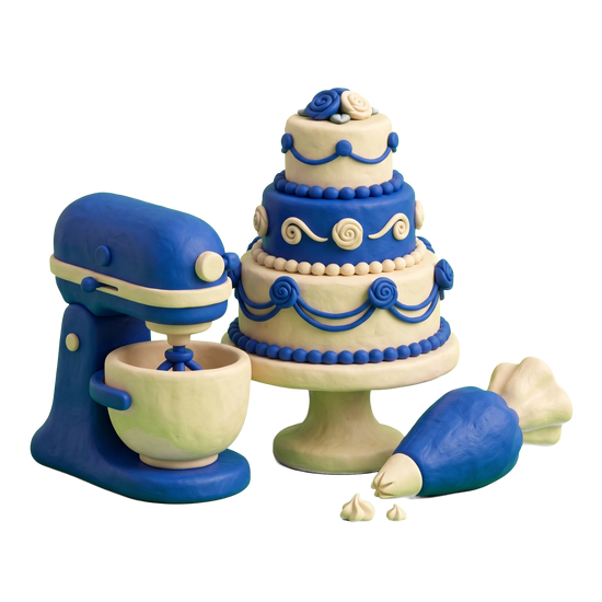 Cake shop illustration in blue and ivory clay