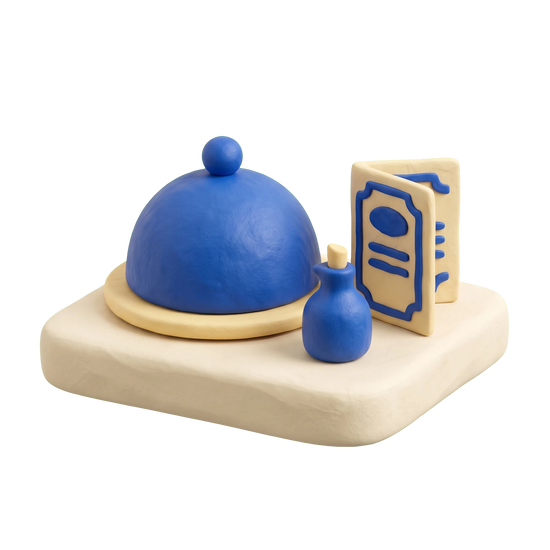 Californian restaurant illustration in blue and ivory clay