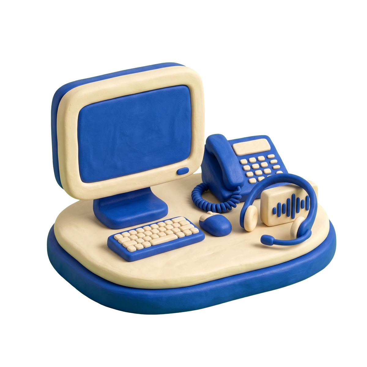 Call center illustration in blue and ivory clay