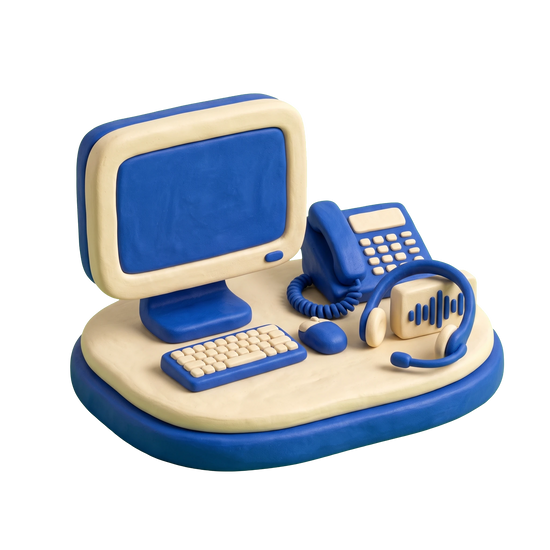 Call center illustration in blue and ivory clay