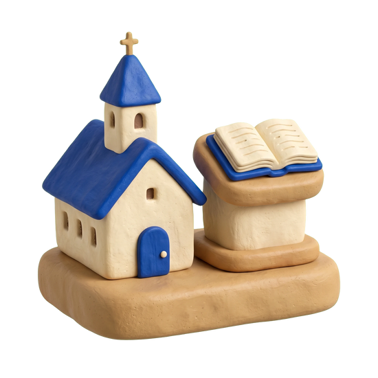 Calvary Chapel church illustration in blue and ivory clay