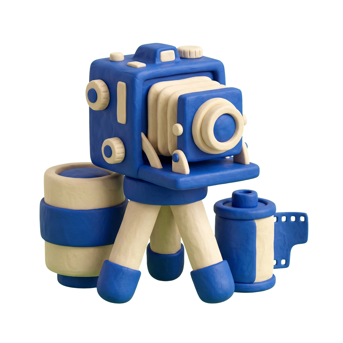 Camera store illustration in blue and ivory clay