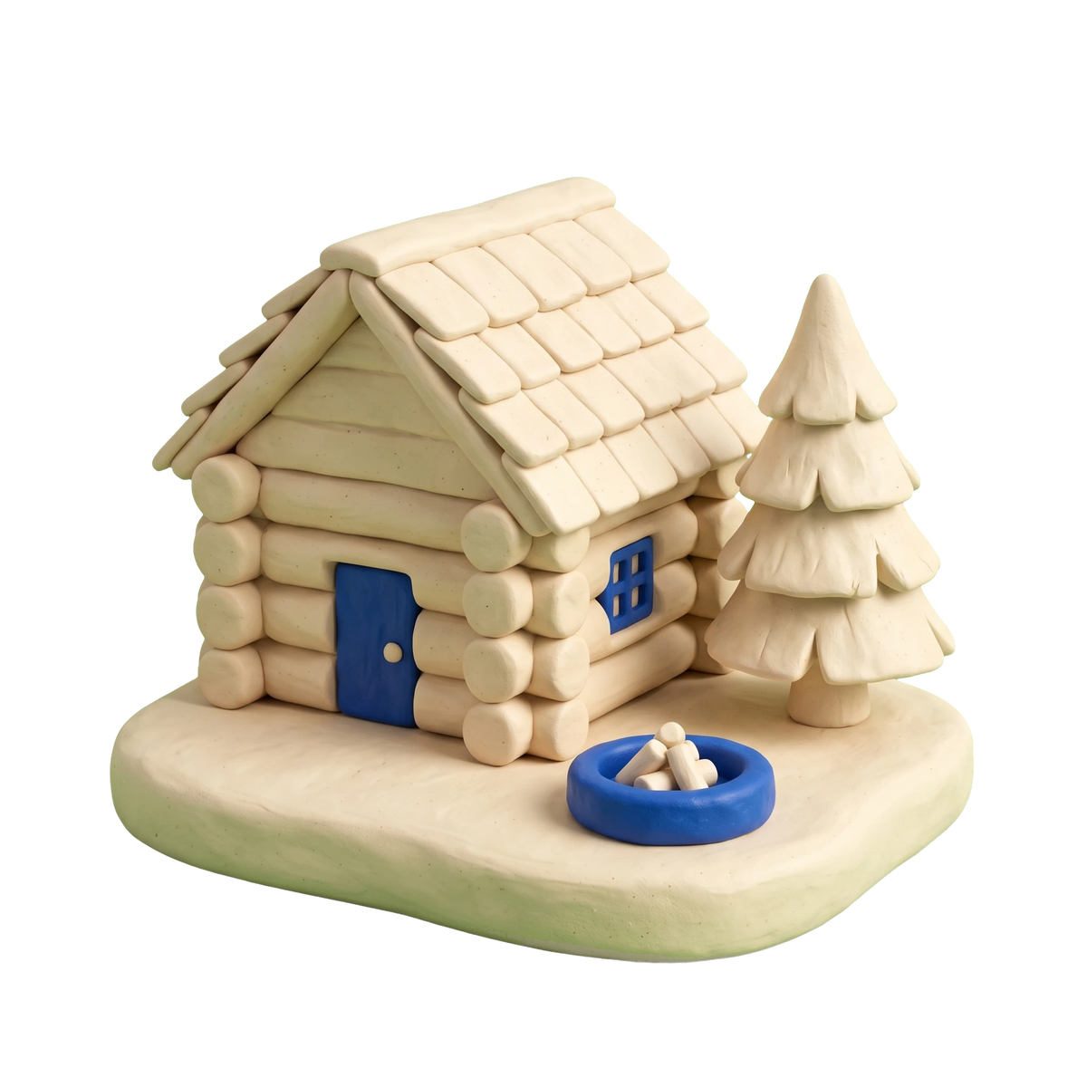 Camping cabin illustration in blue and ivory clay