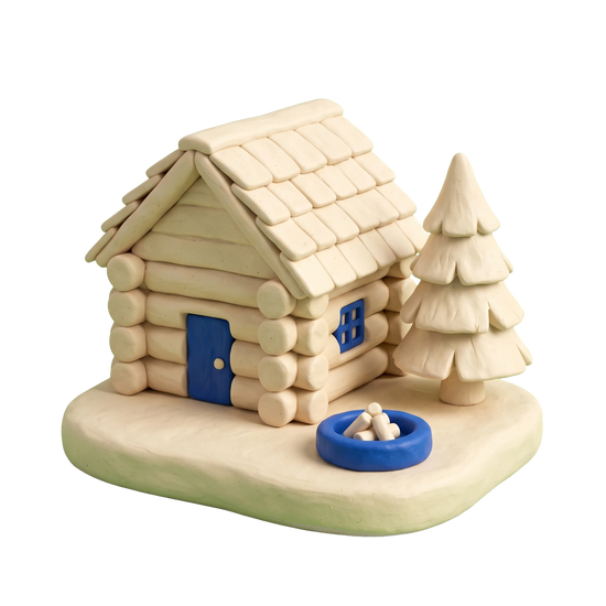Camping cabin illustration in blue and ivory clay