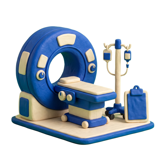 Cancer treatment center illustration in blue and ivory clay
