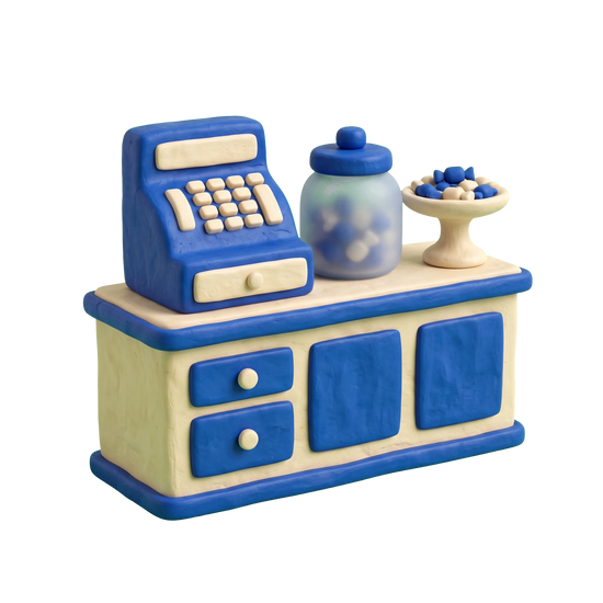 Candy store illustration in blue and ivory clay