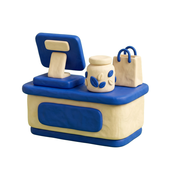 Cannabis store illustration in blue and ivory clay