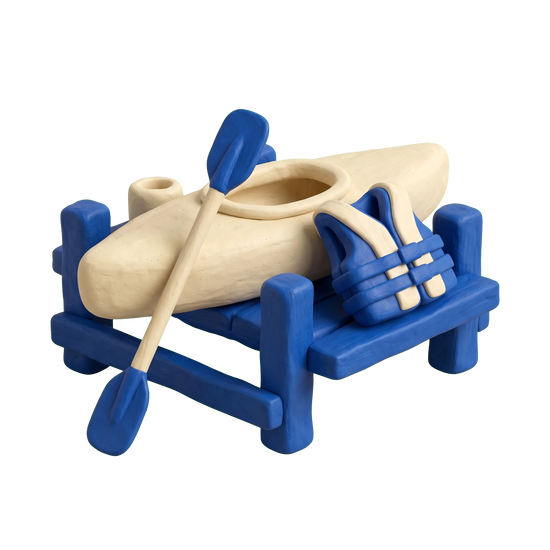 Canoe & kayak rental service illustration in blue and ivory clay