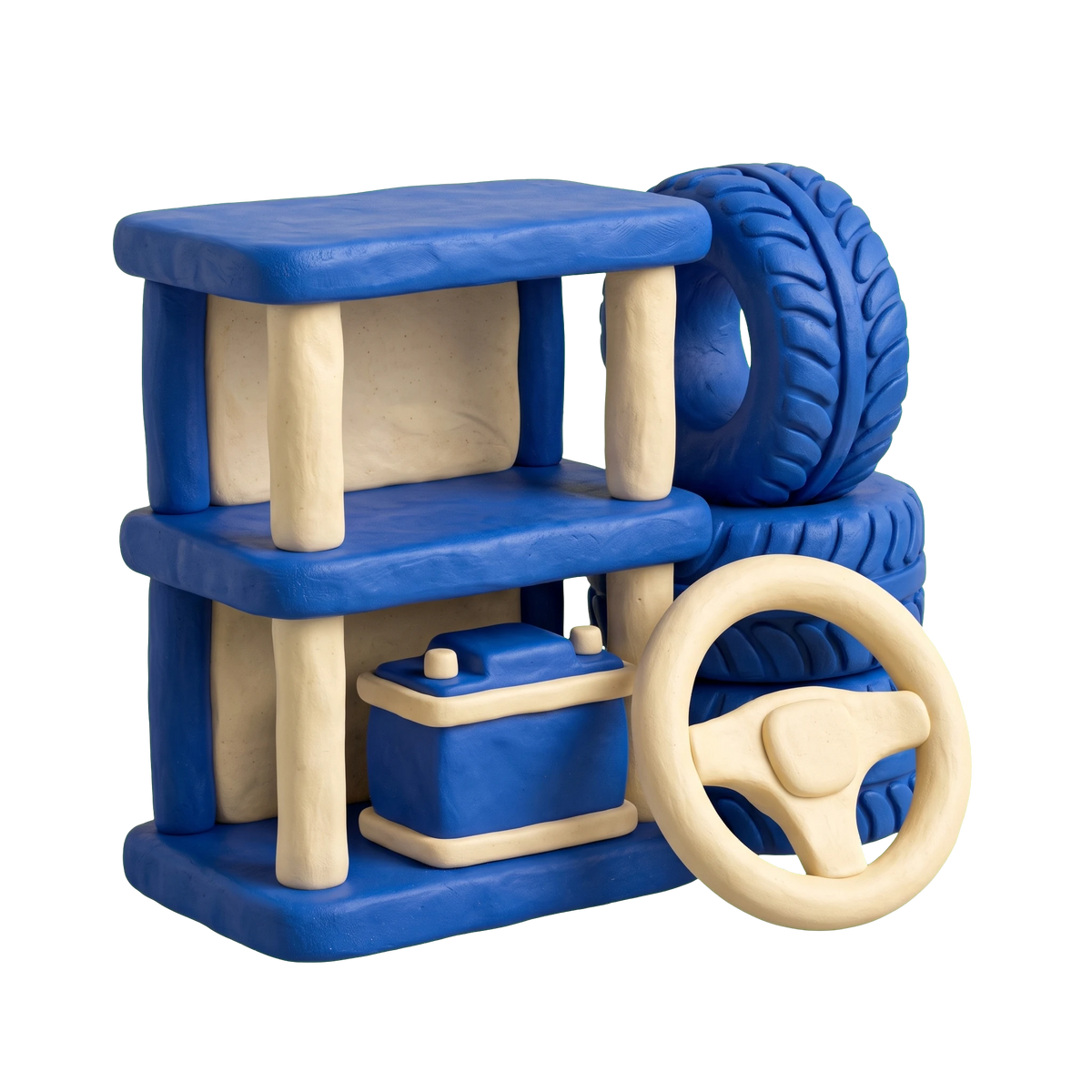 Car accessories store illustration in blue and ivory clay