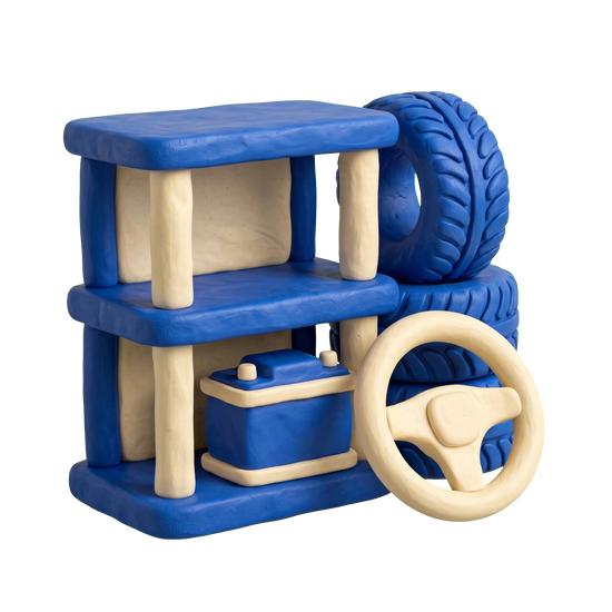 Car accessories store illustration in blue and ivory clay