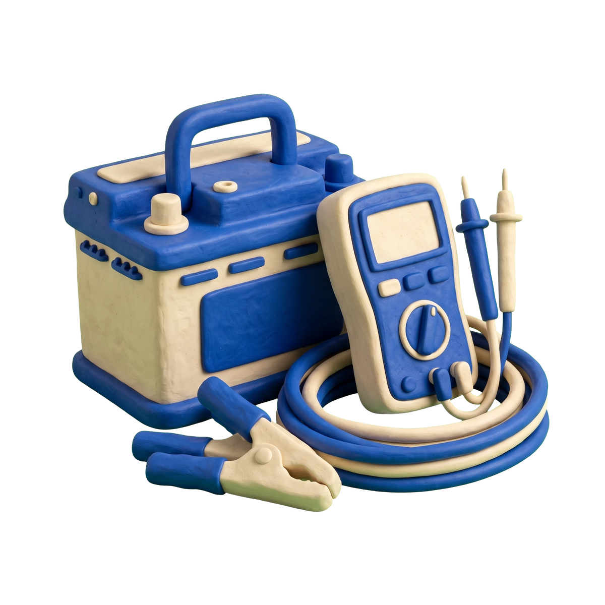 Car battery store illustration in blue and ivory clay