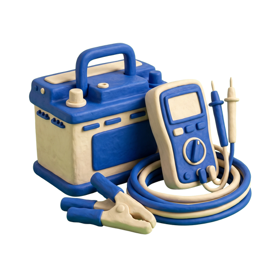 Car battery store illustration in blue and ivory clay