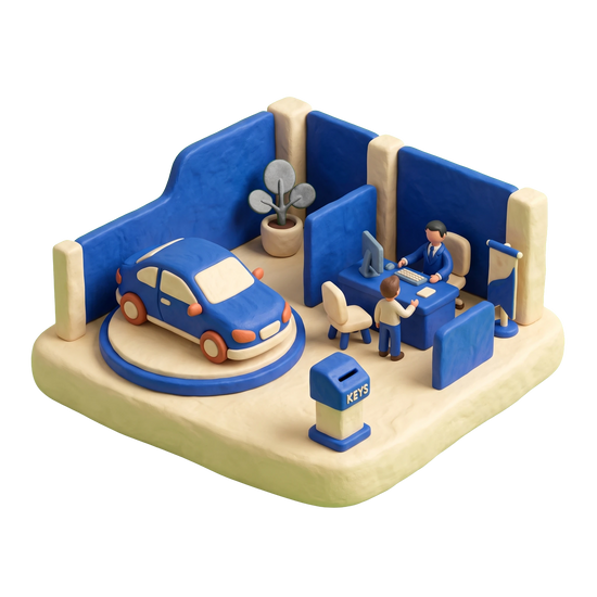 Car dealer illustration in blue and ivory clay