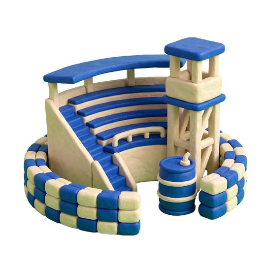 Car racing venue illustration in blue and ivory clay