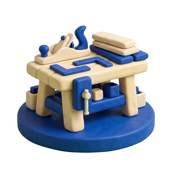 Carpenter illustration in blue and ivory clay