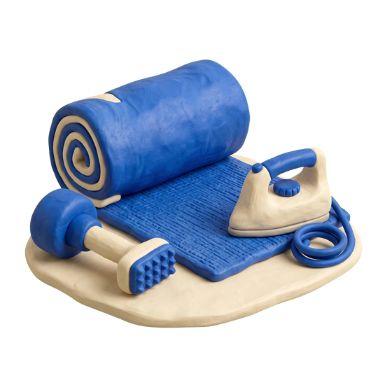 Carpet installer illustration in blue and ivory clay