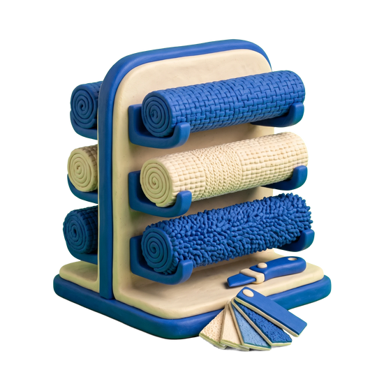Carpet store illustration in blue and ivory clay