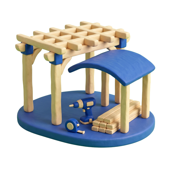 Carport and pergola builder illustration in blue and ivory clay